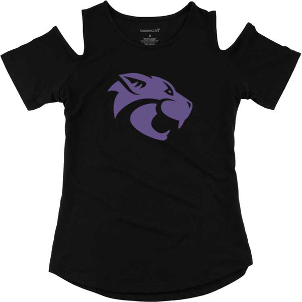 Ladies Black Cats Softball Cat Head Cold Shoulder Tee