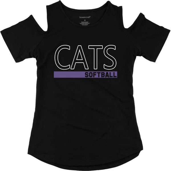 Ladies Black Cats Softball Outline Cold Shoulder Tee