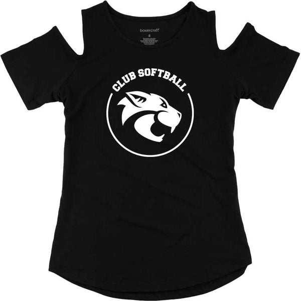 Ladies Black Cats Softball Logo Cold Shoulder Tee