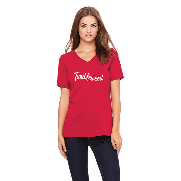 Ladies Red Tumbleweed Script Relaxed V-Neck