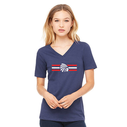 Ladies Navy Manhattan Striped Indian Head Relaxed V-Neck Tee