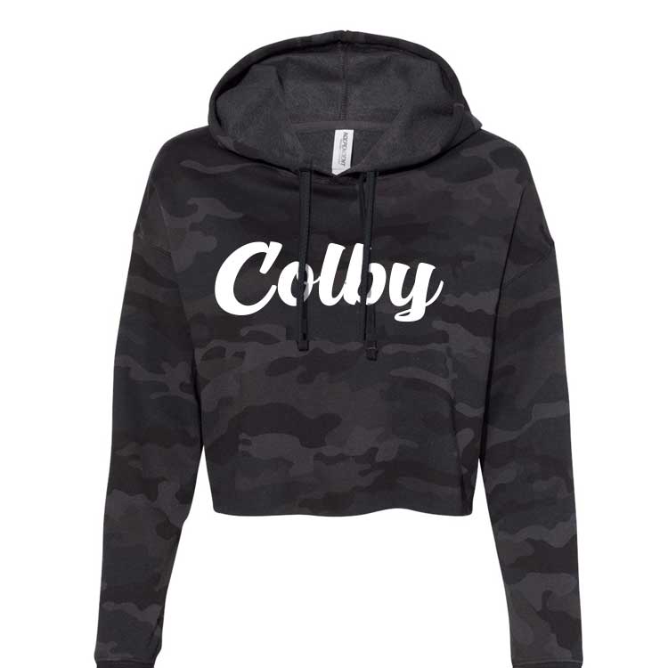 Ladies Black Camo Colby Script Cropped Hoodie