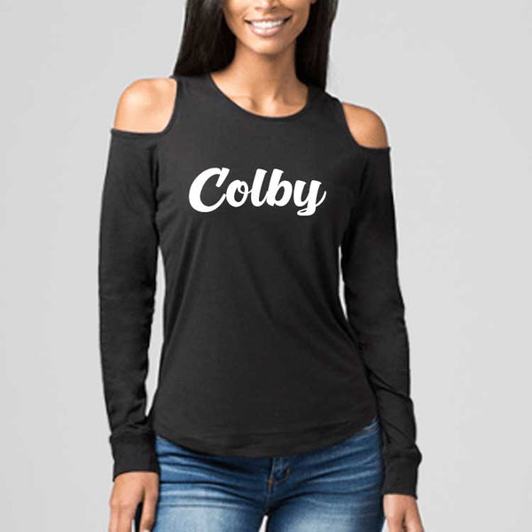 Ladies Black Colby Script Cold Shoulder Long Sleeve