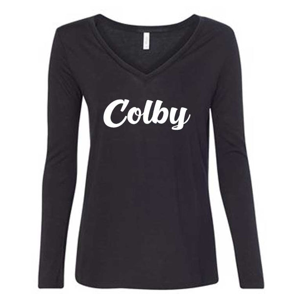 Ladies Black Colby Script Flowy V-Neck Long Sleeve