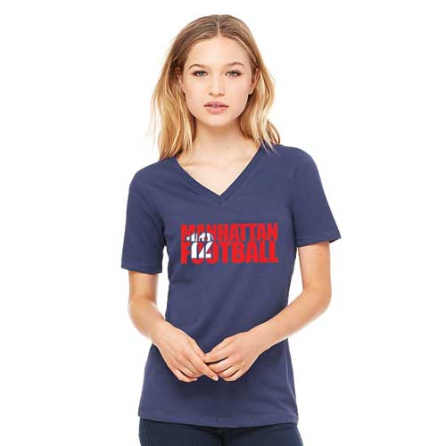 Ladies Navy Manhattan Football Number Relaxed V-Neck Tee
