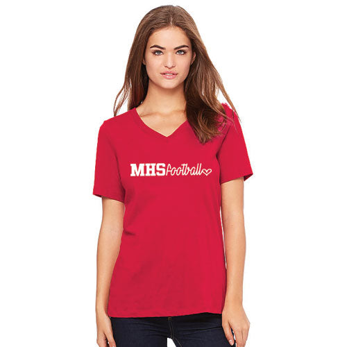 Ladies MHS Football Heart Relaxed V-Neck Tee
