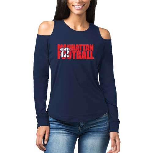Ladies Navy Manhattan Football Number Cold Shoulder Long Sleeve