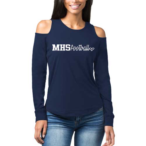 Ladies Navy MHS Football Heart Cold Shoulder Long Sleeve