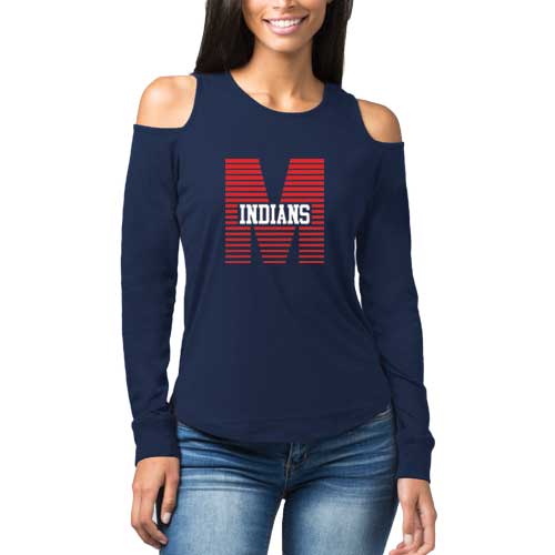 Ladies Navy Striped Manhattan Cold Shoulder Long Sleeve